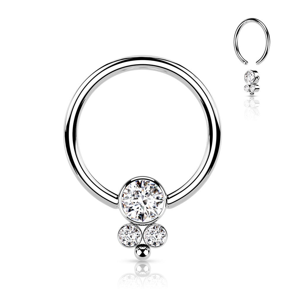 Triple CZ Crystal Cluster Round Flat Ball Captive Bead Ring - 316L Surgical Steel