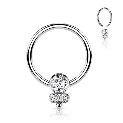 Triple CZ Crystal Cluster Round Flat Ball Captive Bead Ring - 316L Surgical Steel