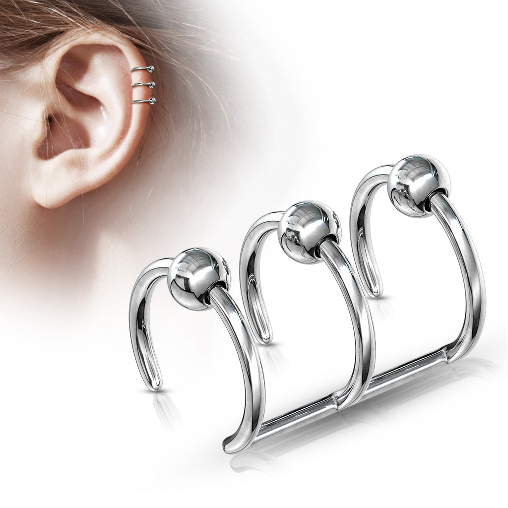 Faux Captive Bead Triple Hoop Non-Piercing Cartilage Cuff