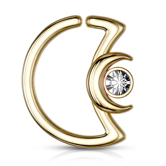 Double Crescent Moon with CZ Crystal Center Bendable Hoop - 316L Stainless Steel
