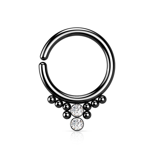 Double Round CZ Crystals with Bead Clusters Bendable Hoop Ring - 316L Stainless Steel