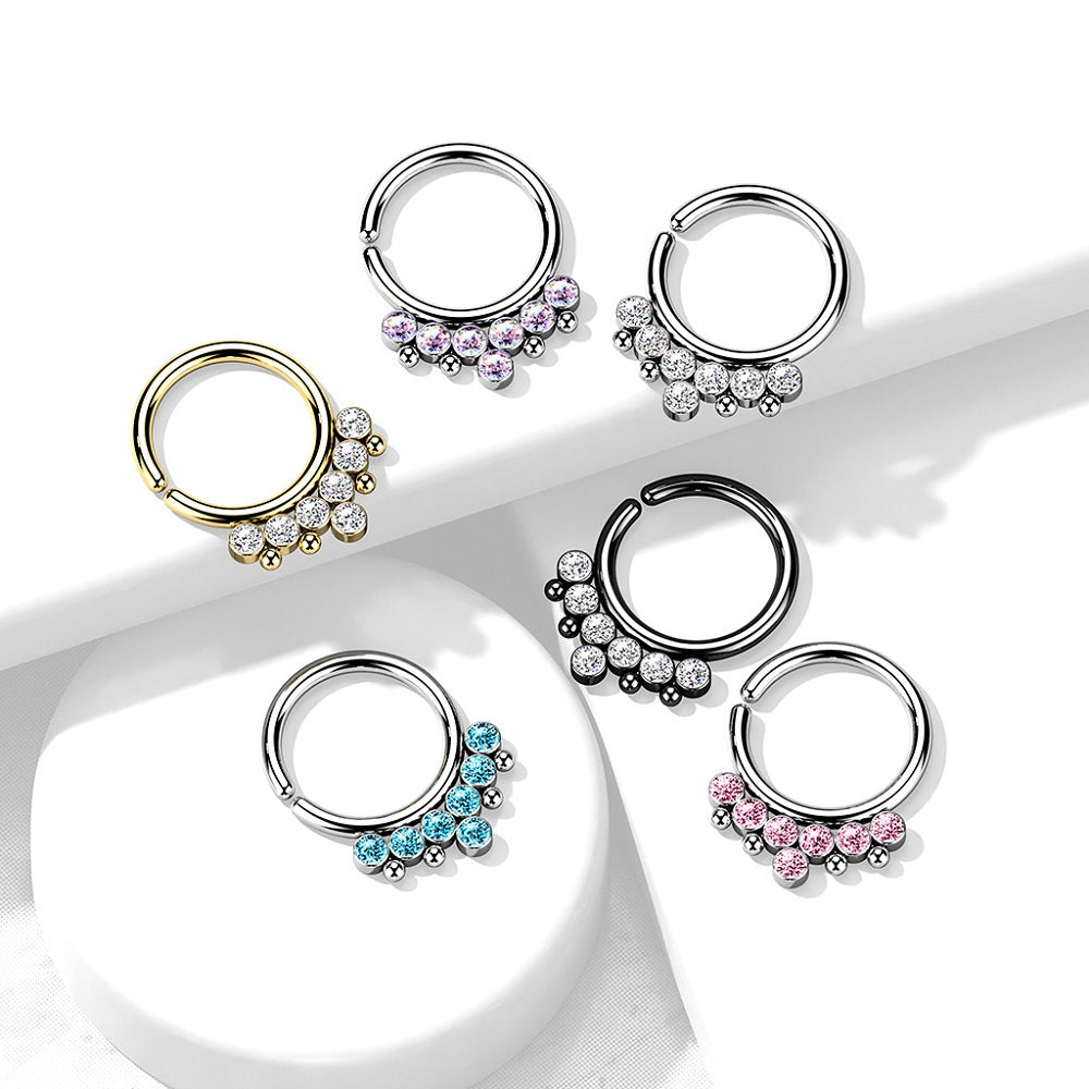 Round CZ Crystals and Beads Bendable Hoop Ring - 316L Stainless Steel