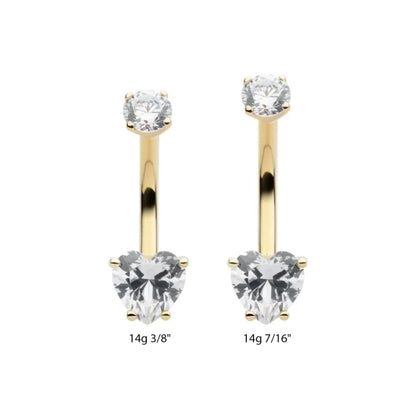 CZ Crystal Heart Internally Threaded Belly Button Ring - 14kt Gold