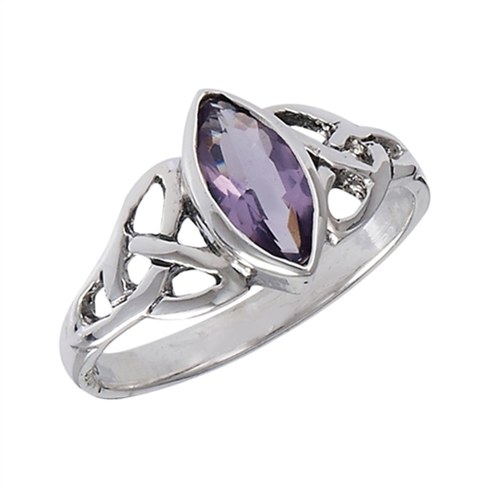 Marquise Shaped Synthetic Amethyst Celtic Triquetra Ring - 925 Sterling Silver