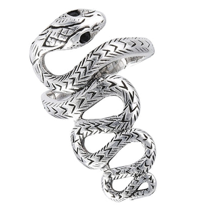 Coiled Snake Ring with Synthetic Black Onyx Eyes - 925 Sterling Silver