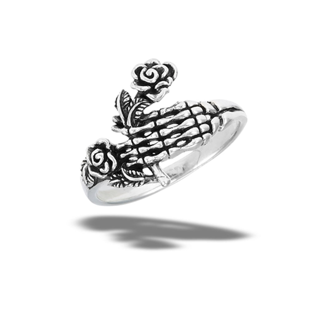 Skeleton Hand Holding Roses Ring - 925 Sterling Silver