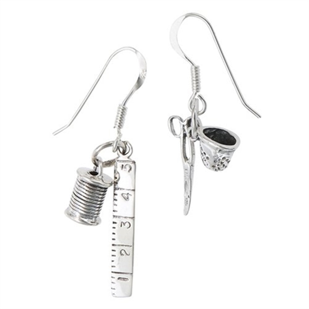 Ruler, Spool, Scissors, And Thimble Mismatched Dangling Earrings - Pair - 925 Sterling Silver