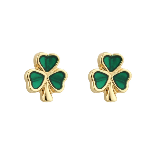 Gold Plated Green Enamel Shamrock Stud Earrings - Pair