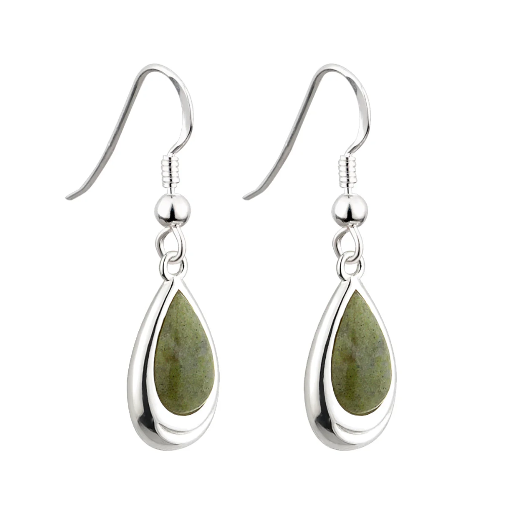 Rhodium Plated Green Connemara Marble Teardrop Dangling Earrings - Pair