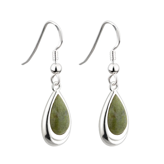 Rhodium Plated Green Connemara Marble Teardrop Dangling Earrings - Pair