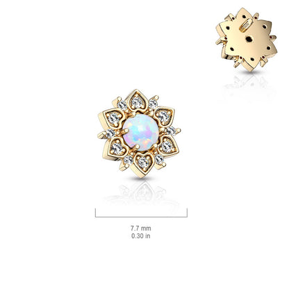 CZ Crystal Flower with Synthetic Opal Center Internally Threaded Dermal Anchor Top - 316L Stainless Steel