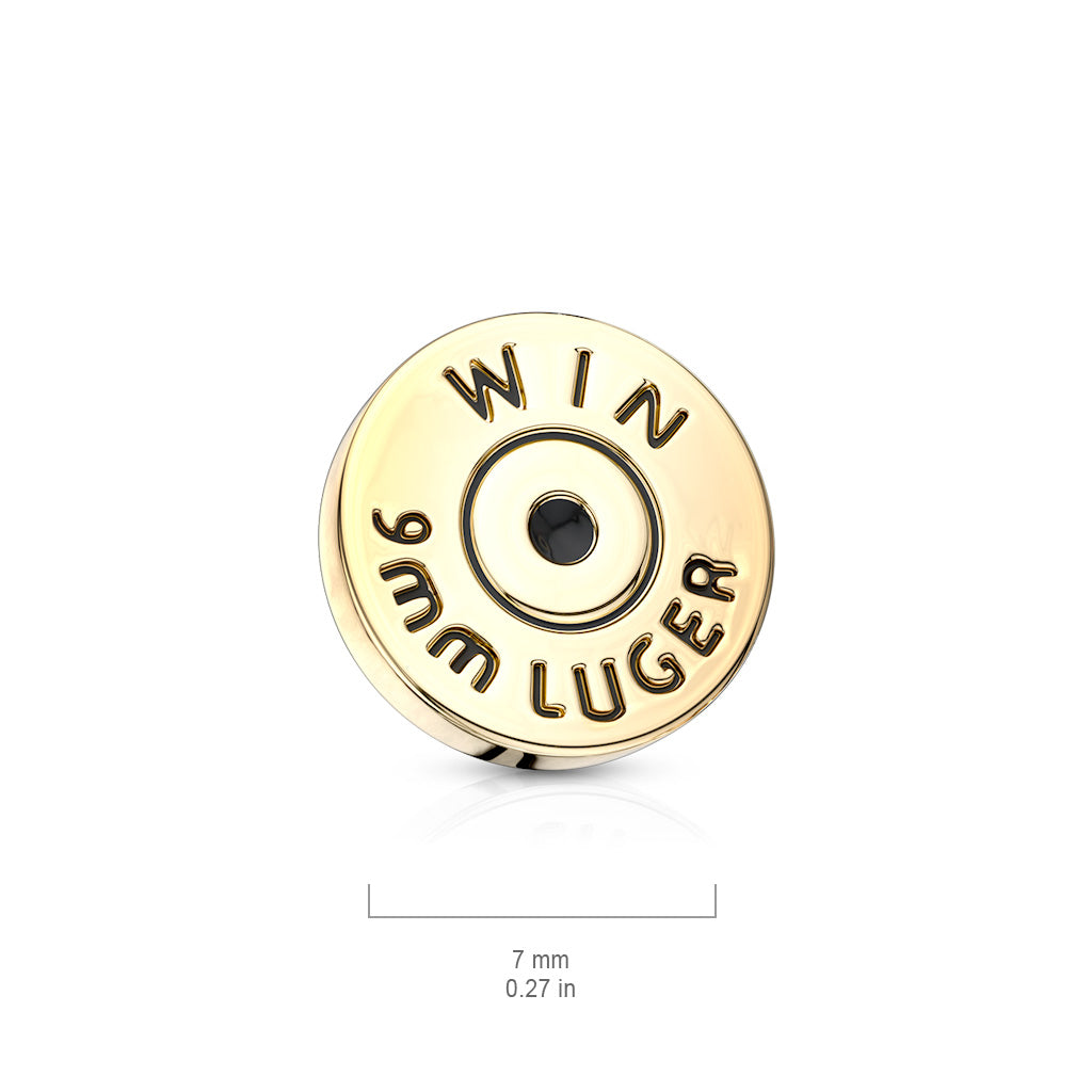 Winchester 9mm Luger Bullet Back Casing Internally Threaded Dermal Anchor Top - 316L Surgical Steel