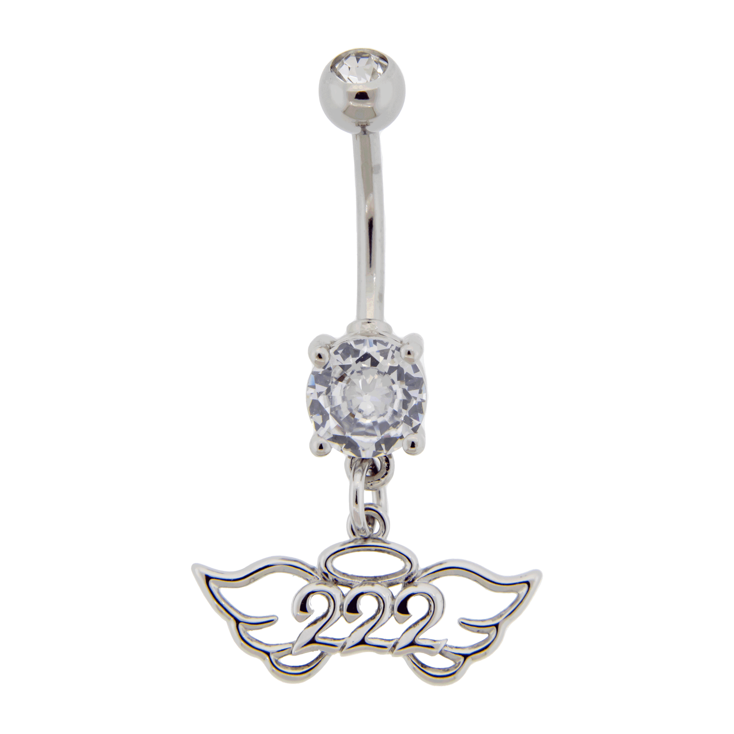 CZ Crystal Angel Number and Wings Dangling Belly Button Ring - Stainless Steel