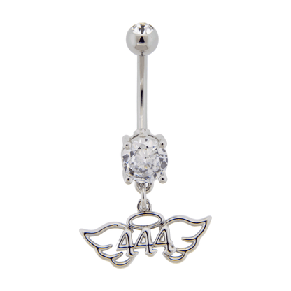 CZ Crystal Angel Number and Wings Dangling Belly Button Ring - Stainless Steel