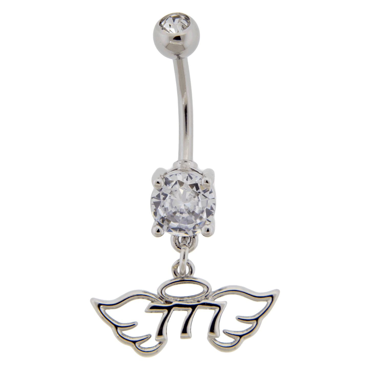 CZ Crystal Angel Number and Wings Dangling Belly Button Ring - Stainless Steel