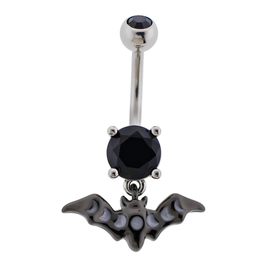 Black CZ Crystal Bat with Moon Phases Dangling Belly Button Ring - Stainless Steel