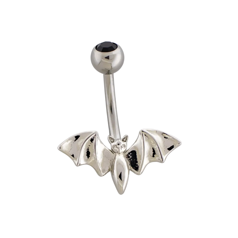 Black CZ Crystal Top Bat Belly Button Ring - 316L Stainless Steel
