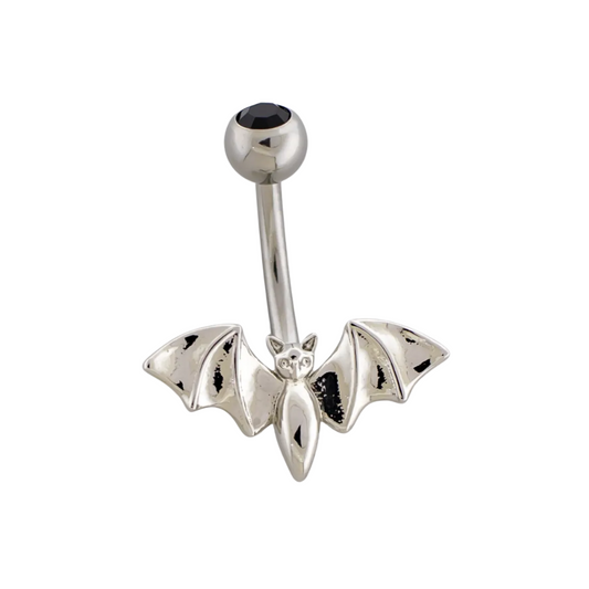 Black CZ Crystal Top Bat Belly Button Ring - 316L Stainless Steel