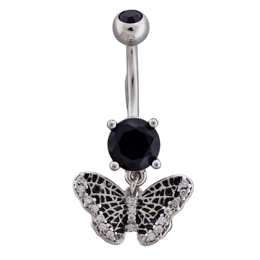 Spider Web Butterfly Dangling Belly Button Ring - 316L Stainless Steel