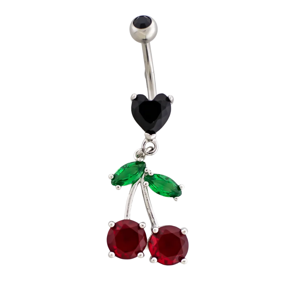 Black Heart with Red Dangling Cherries Belly Button Ring - 316L Stainless Steel