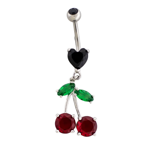 Black Heart with Red Dangling Cherries Belly Button Ring - 316L Stainless Steel
