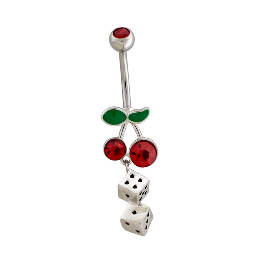 Red Cherries with Dangling Heart Dice Belly Button Ring - 316L Stainless Steel