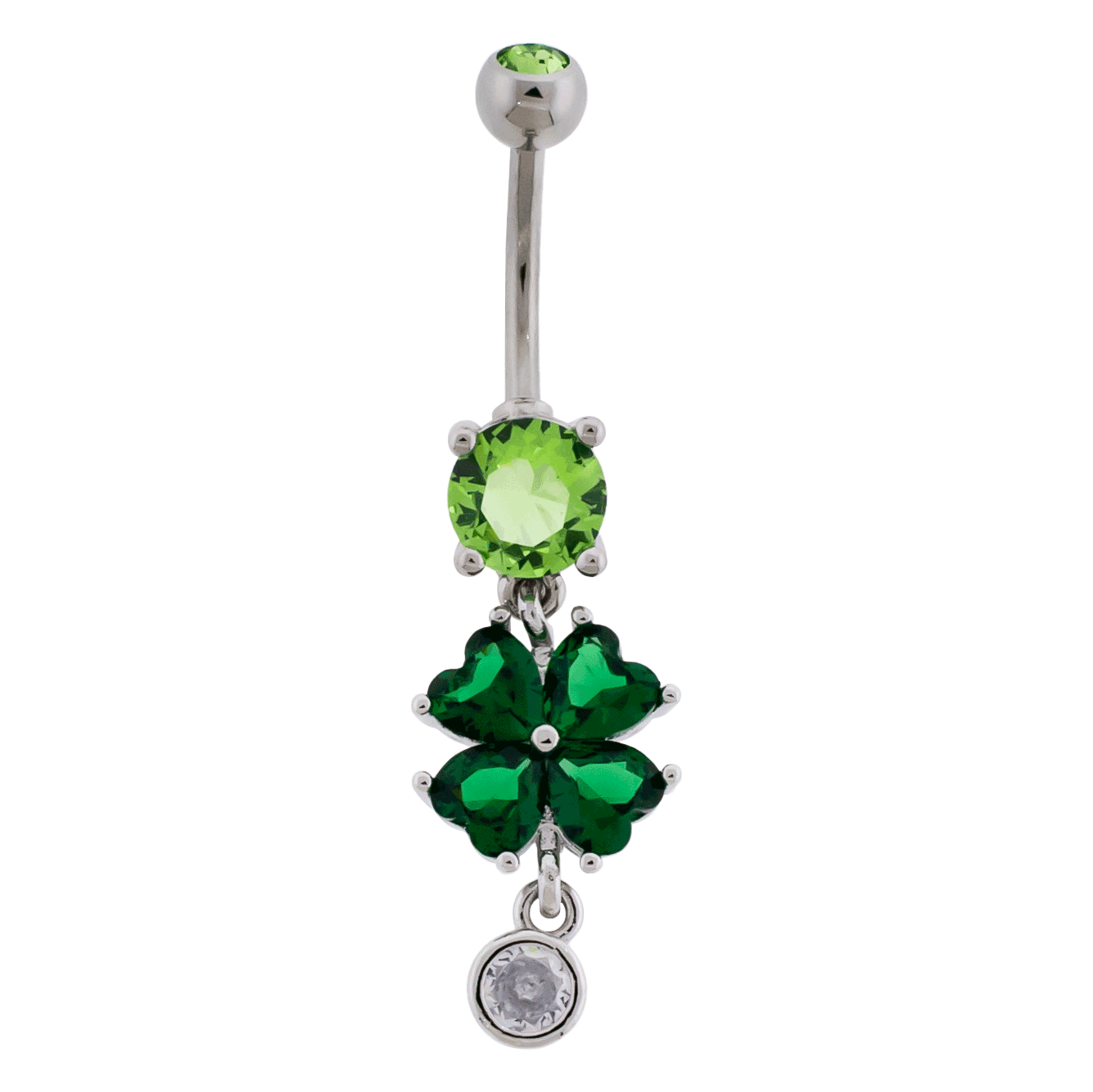 Green CZ Crystal Shamrock with Dangling Gem Belly Button Ring - 316L Stainless Steel