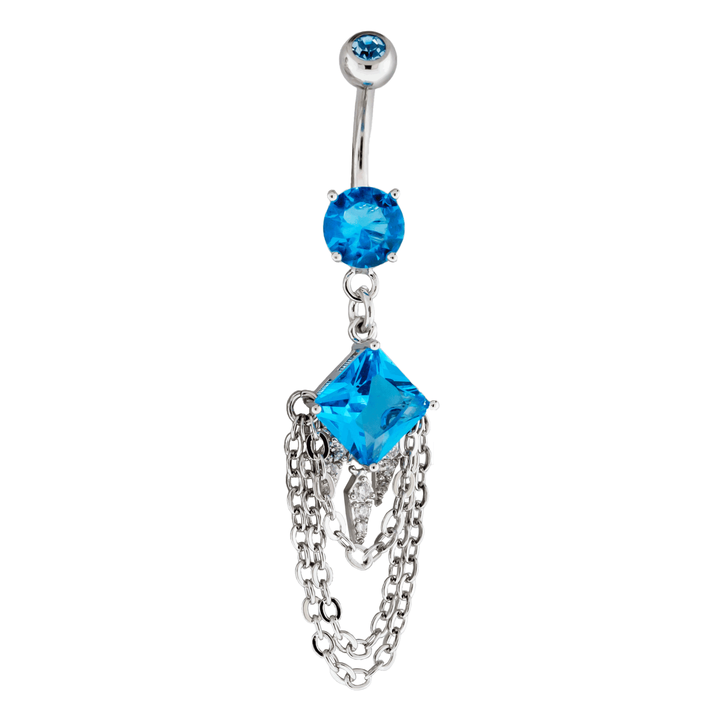 Diamond Shaped Gem with Dangling Spikes and Chains Belly Button Ring