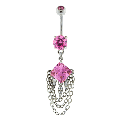 Diamond Shaped Gem with Dangling Spikes and Chains Belly Button Ring