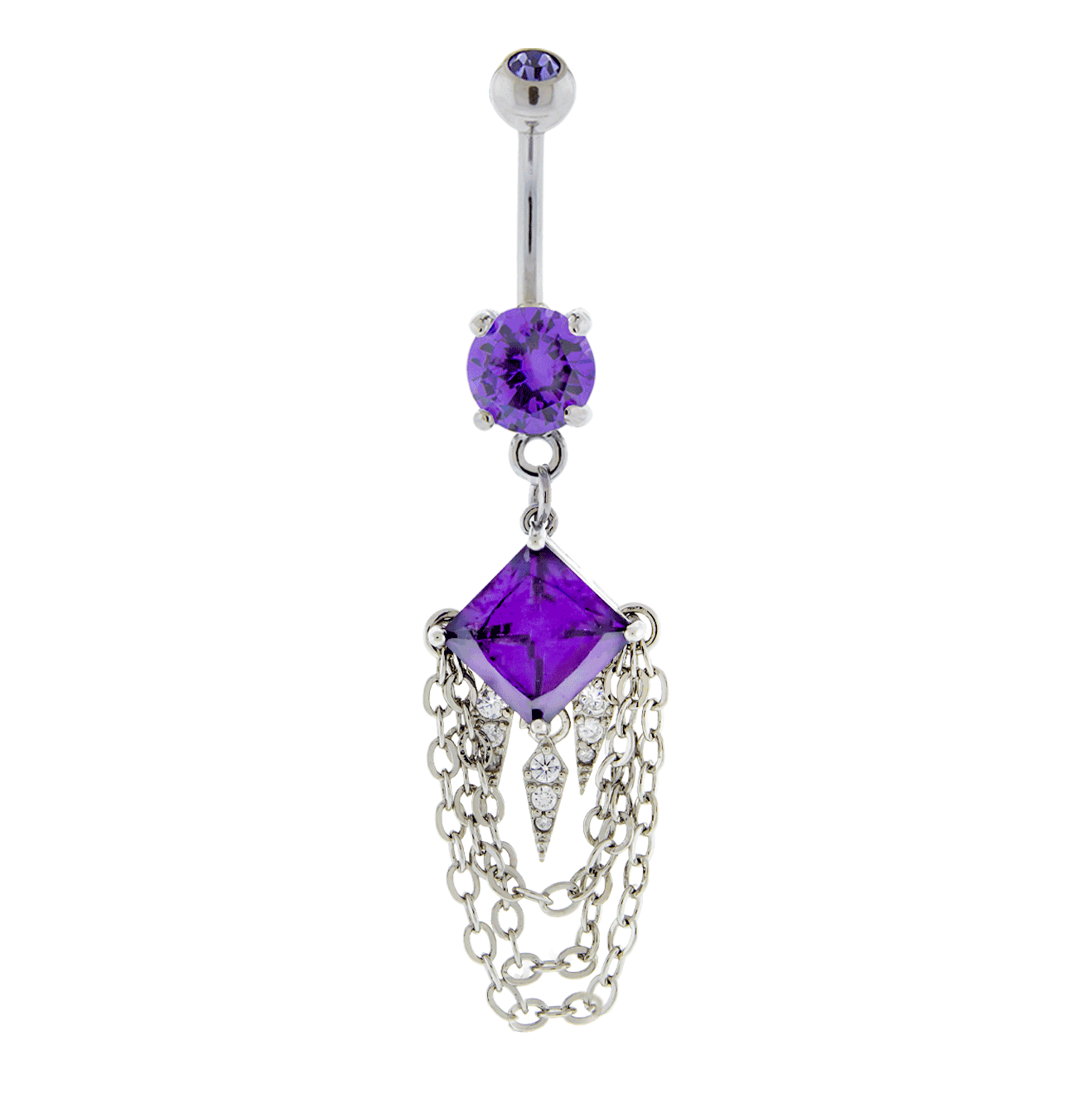 Diamond Shaped Gem with Dangling Spikes and Chains Belly Button Ring