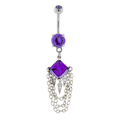 Diamond Shaped Gem with Dangling Spikes and Chains Belly Button Ring