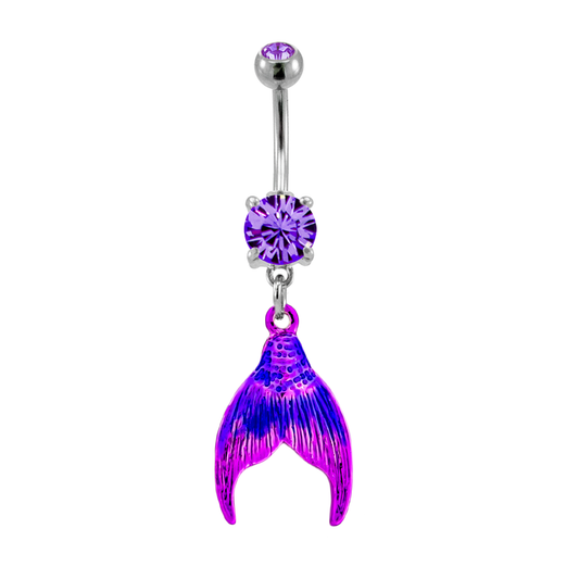 Purple CZ Crystal Mermaid Tail Dangling Belly Button Ring - Stainless Steel