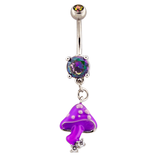 CZ Crystal Purple Mushroom Dangling Belly Button Ring - 316L Stainless Steel