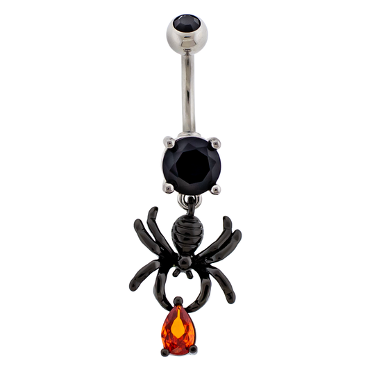 Black CZ Crystal Spider with Dangling Gem Belly Button Ring - Stainless Steel