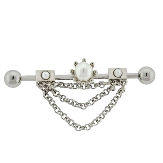 Pearl Center with Dangling Chains Industrial Barbell - 316L Stainless Steel