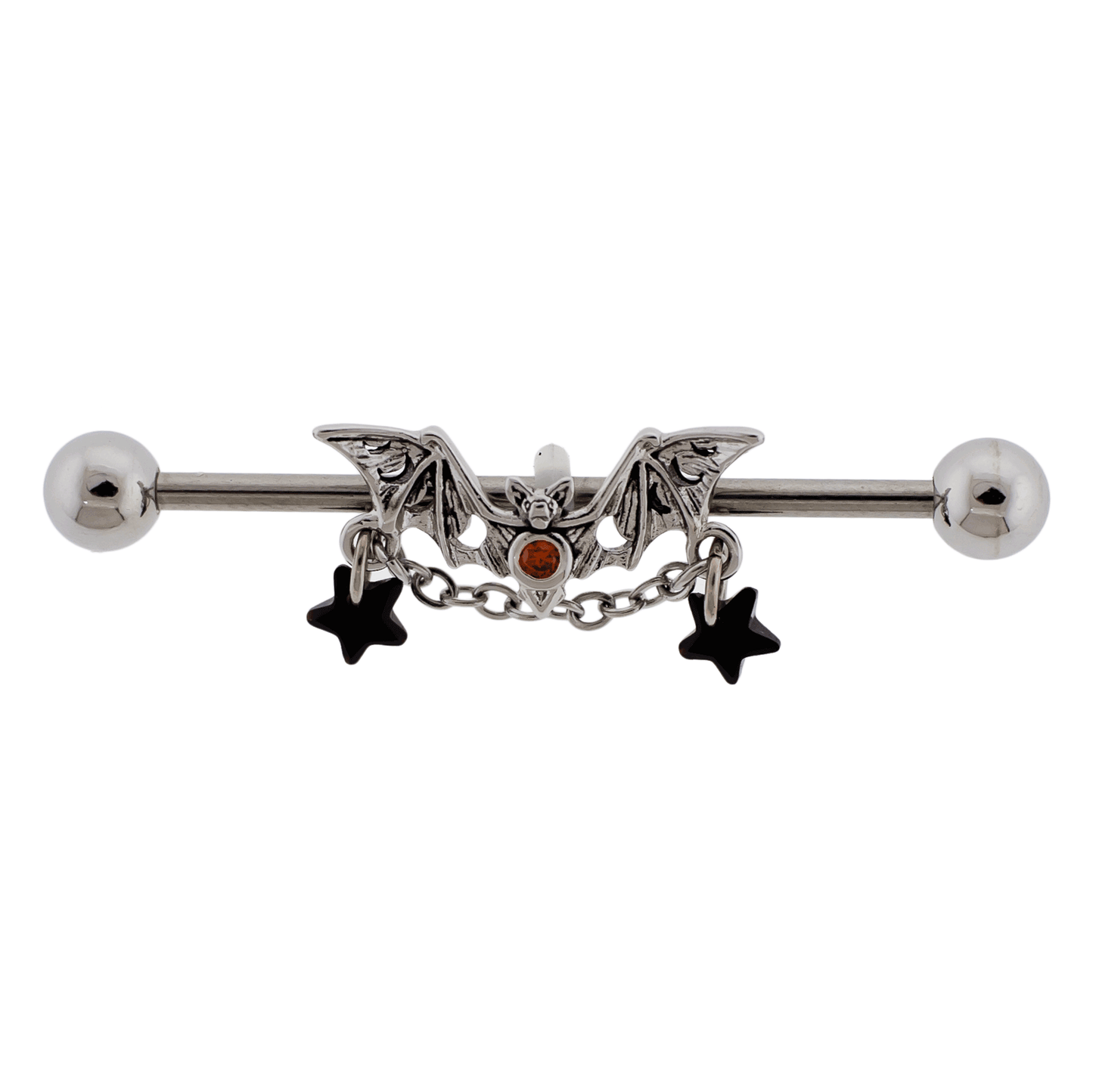 Bat with Dangling Stars and Chain Industrial Barbell - 316L Stainless Steel