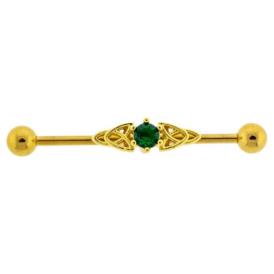 Green Gem Celtic Knot Industrial Barbell - Gold Plated 316L Stainless Steel