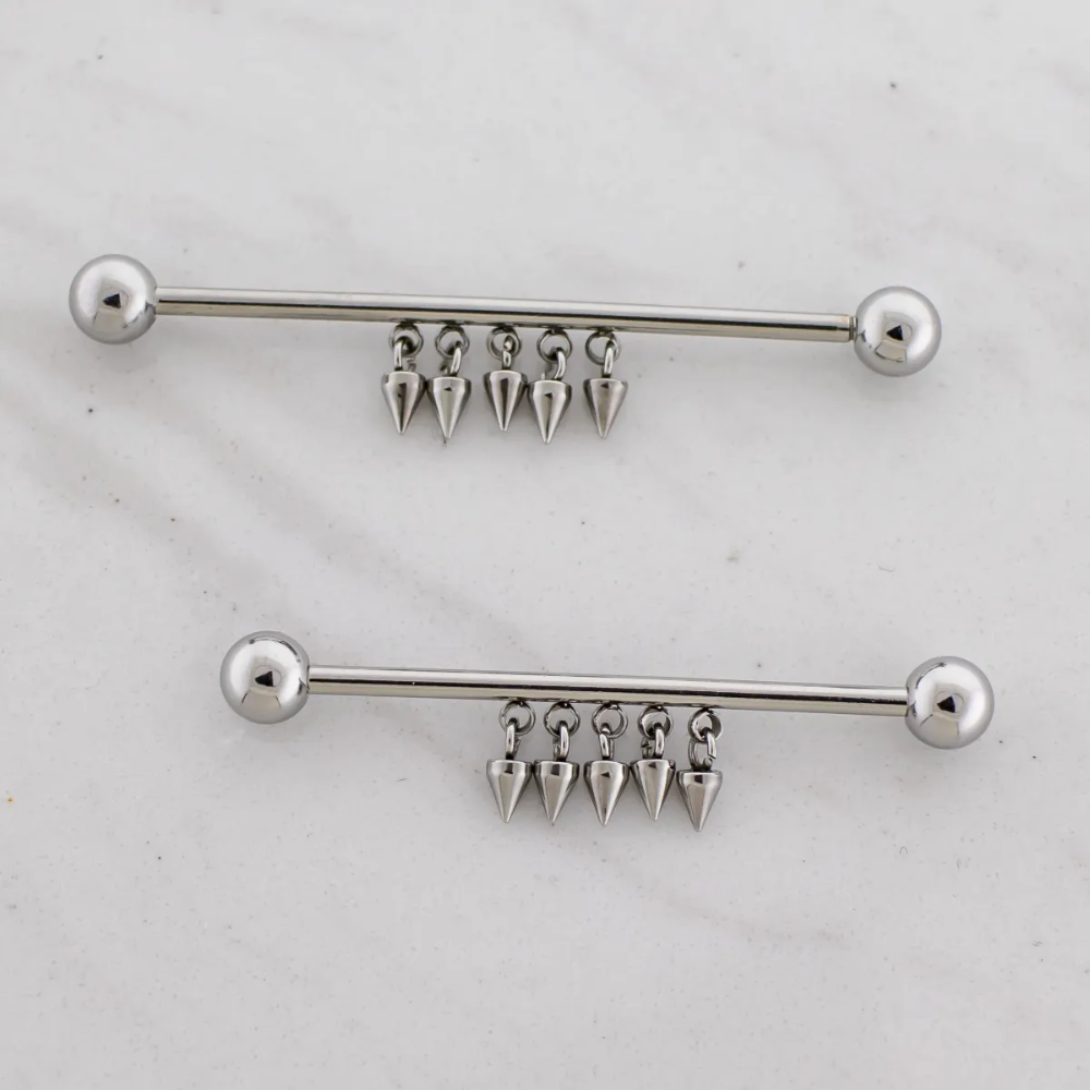 Dangling Spikes Industrial Barbell - 316L Stainless Steel