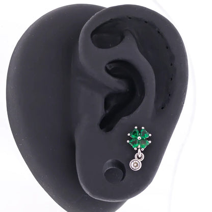 CZ Crystal Shamrock with Dangling Gem Barbell Stud - 316L Stainless Steel