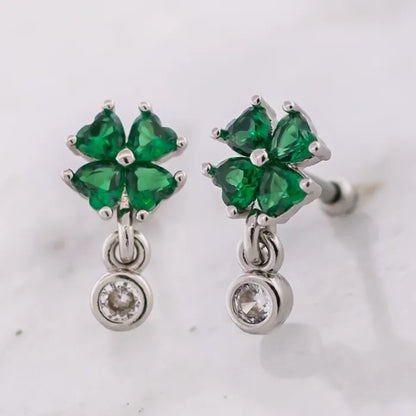 CZ Crystal Shamrock with Dangling Gem Barbell Stud - 316L Stainless Steel