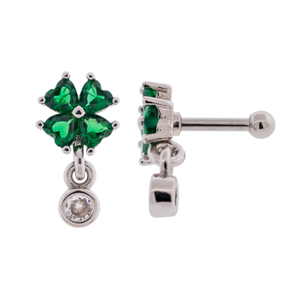 CZ Crystal Shamrock with Dangling Gem Barbell Stud - 316L Stainless Steel