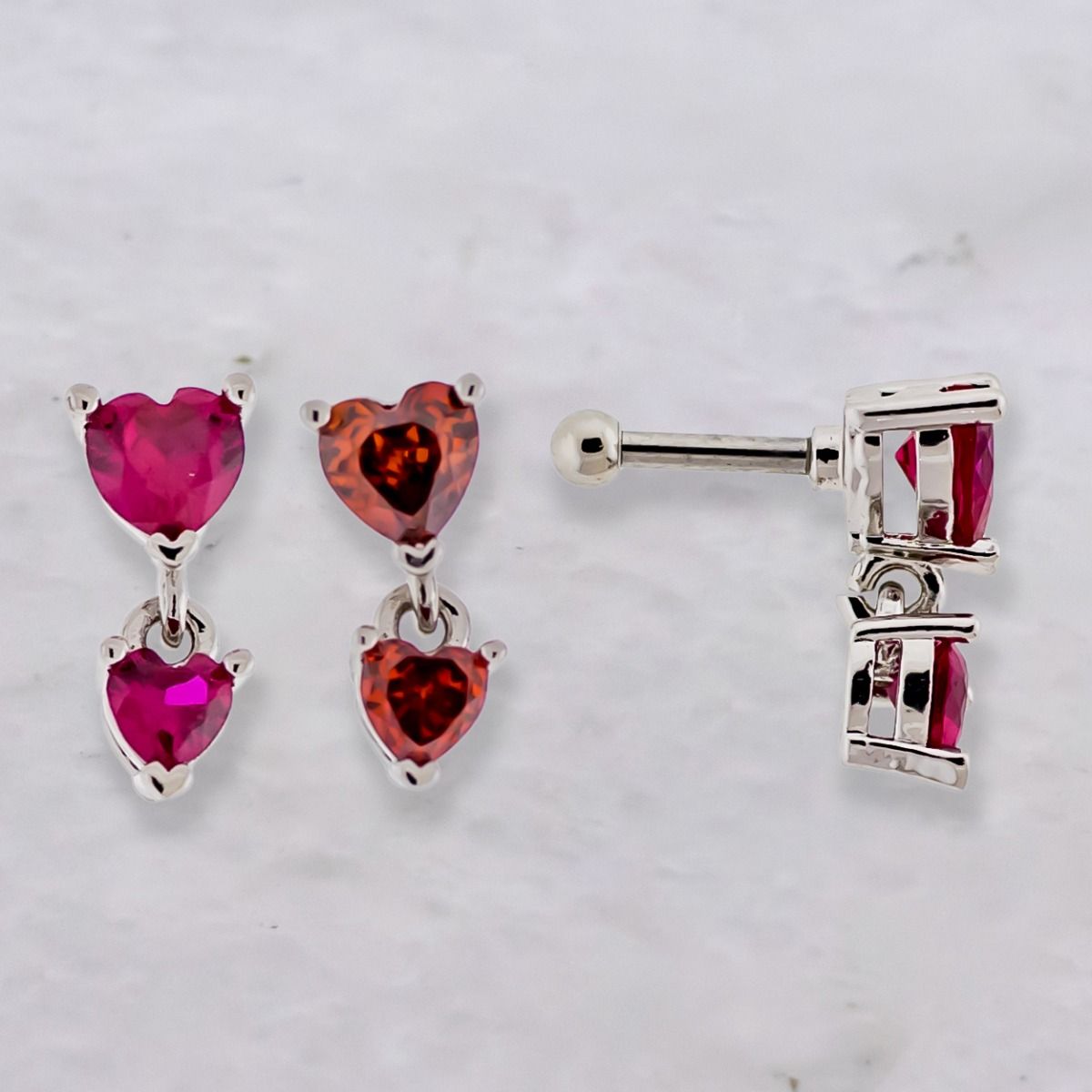 CZ Crystal Double Dangling Heart Barbell Stud - 316L Stainless Steel