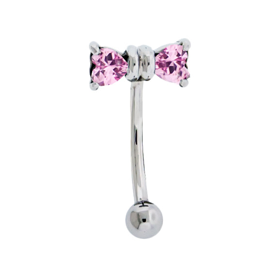 Pink CZ Crystal Bow Curved Eyebrow Barbell - 316L Stainless Steel