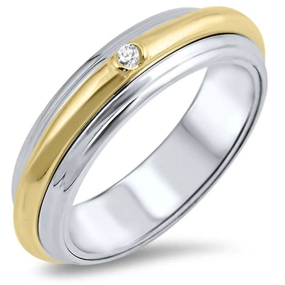 CZ Crystal Center Two Tone Spinner Ring - 925 Sterling Silver