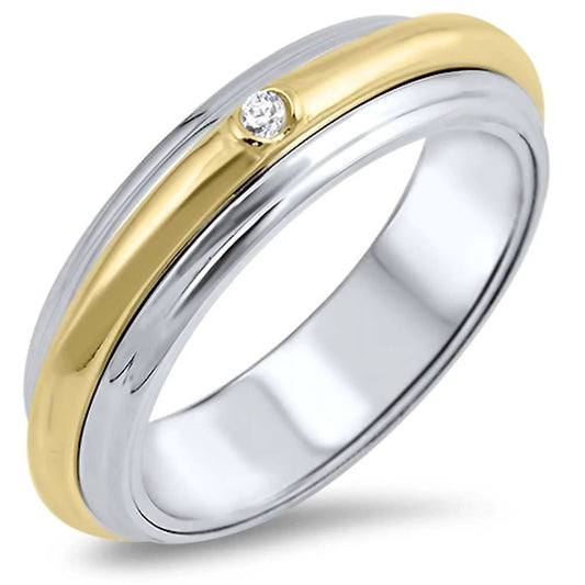 CZ Crystal Center Two Tone Spinner Ring - 925 Sterling Silver