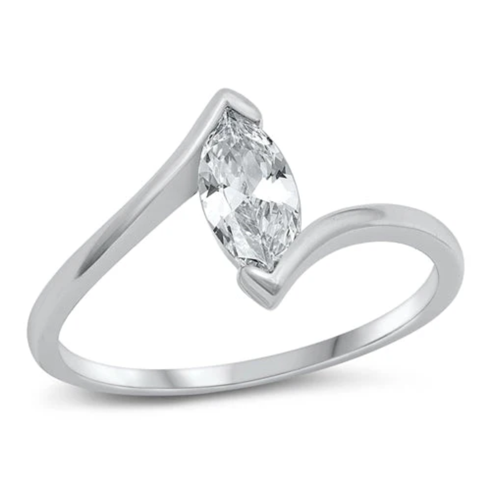 Marquise Shaped CZ Crystal Ring - Rhodium Plated 925 Sterling Silver