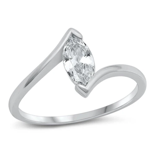 Marquise Shaped CZ Crystal Ring - Rhodium Plated 925 Sterling Silver