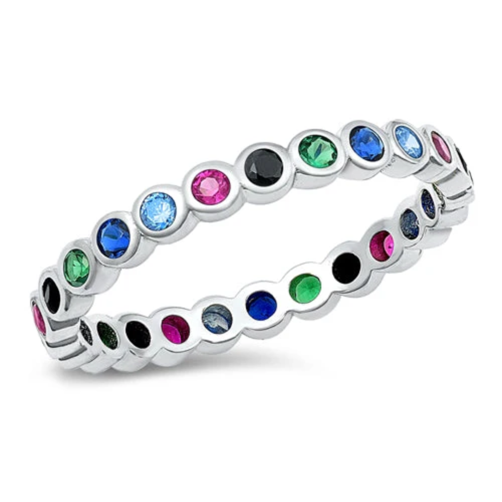 Multicolor CZ Crystal Lined Ring - Rhodium Plated 925 Sterling Silver