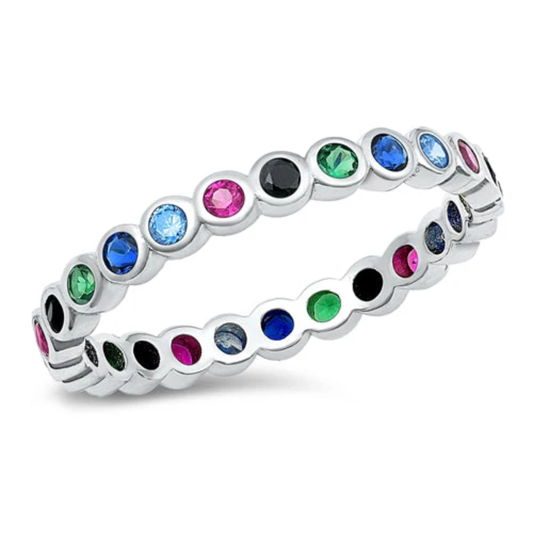 Multicolor CZ Crystal Lined Ring - Rhodium Plated 925 Sterling Silver