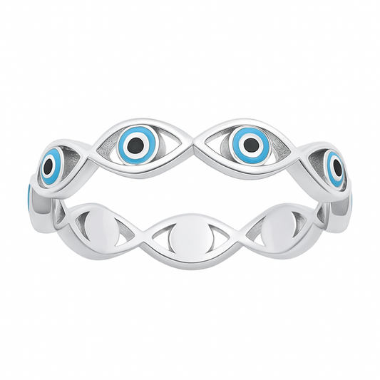 Evil Eye Lined Ring - Rhodium Plated 925 Sterling Silver